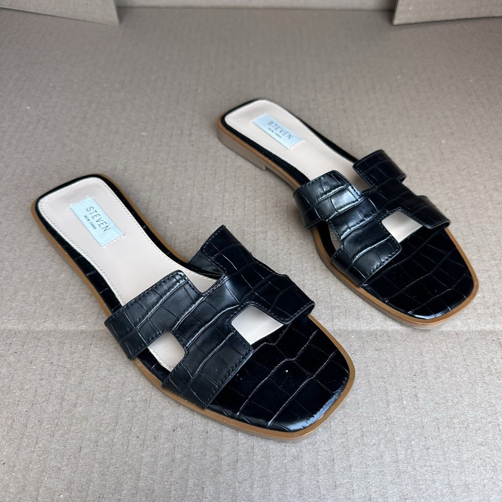 Steven New York Harlien Crocodile Embossed Slide Sandal Black Women's Size 8.5